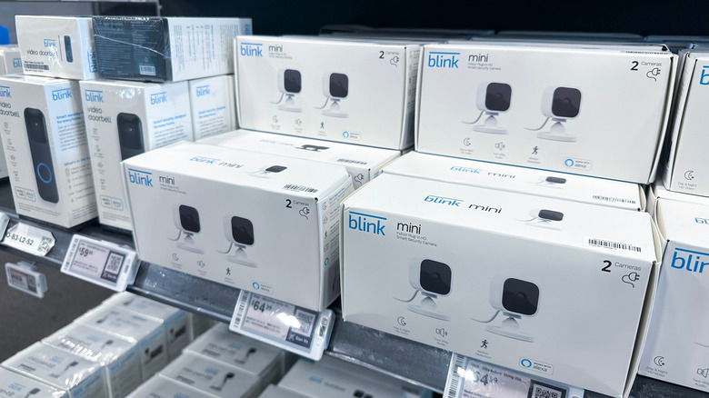 Several boxed Blink devices at a retail outlet.