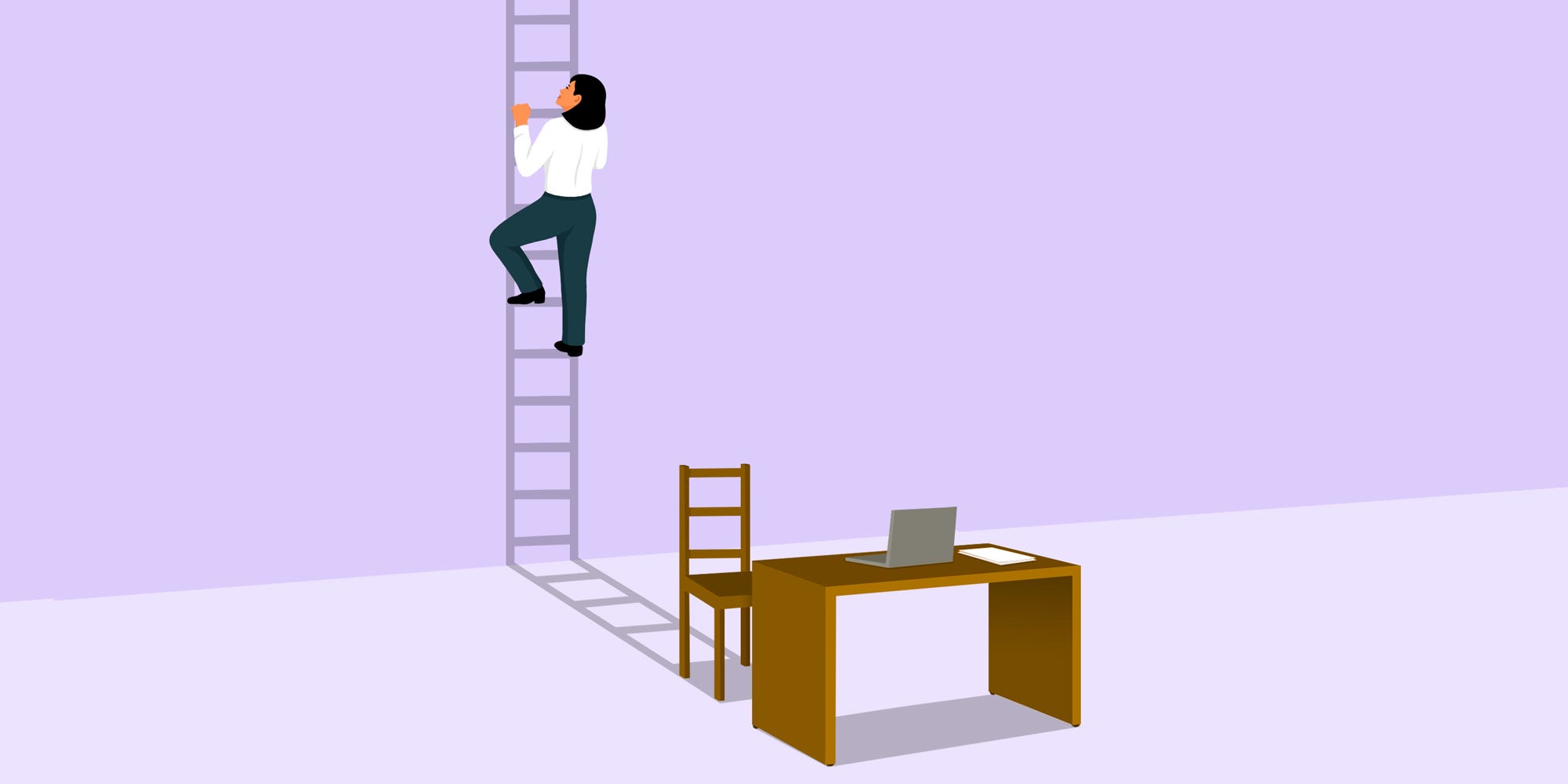 Illustration of a person climbing a shadow ladder beside a desk with a laptop and chair.