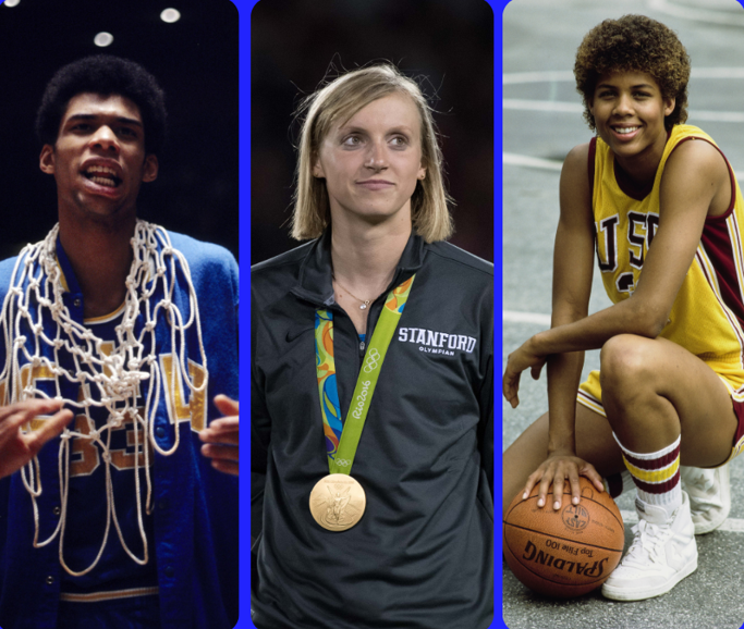 Lew Alcindor (UCLA), Katie Ledecky (Stanford) and Cheryl Miller (USC)