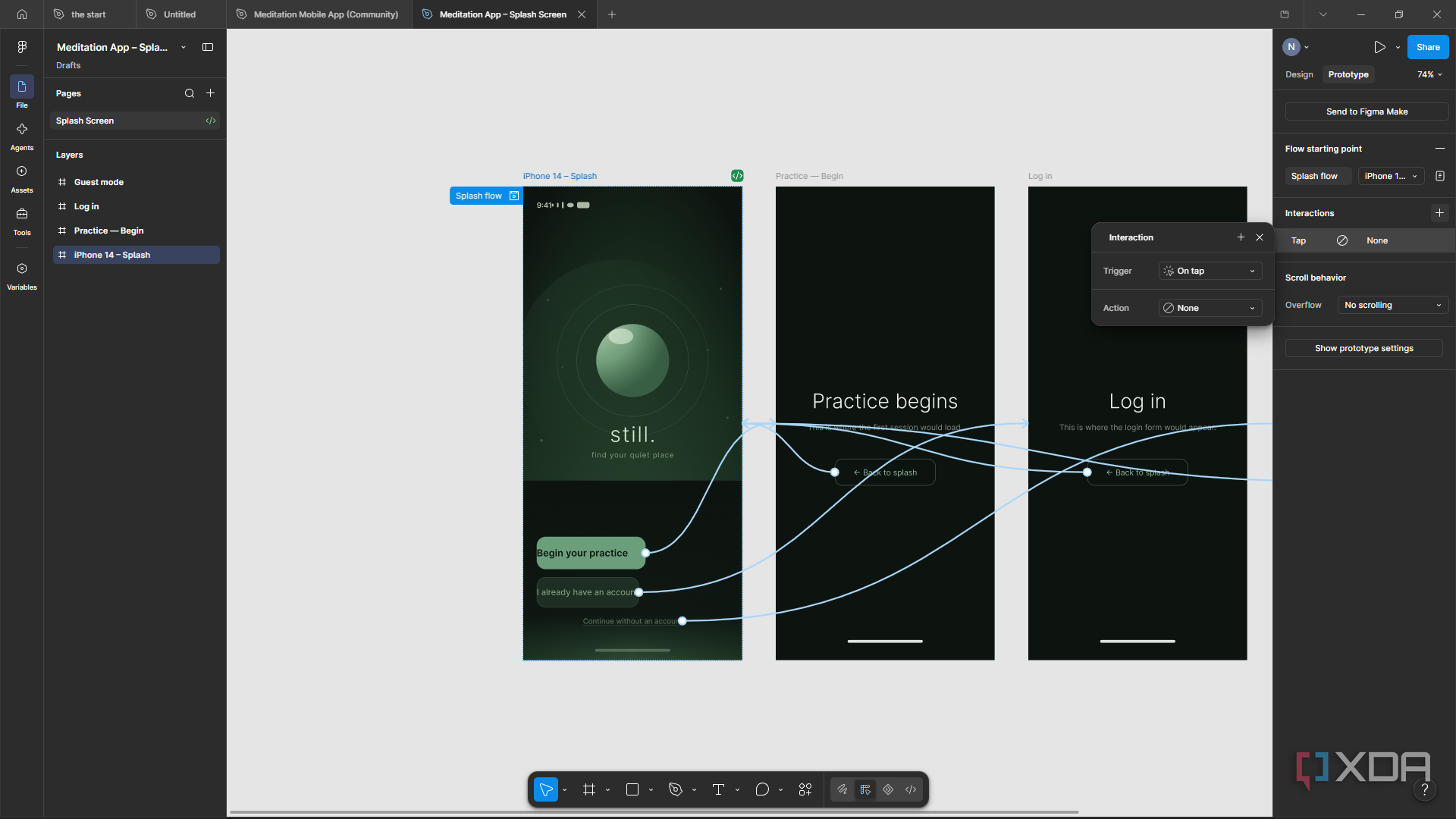 prototyping meditation app splash flow in Figma