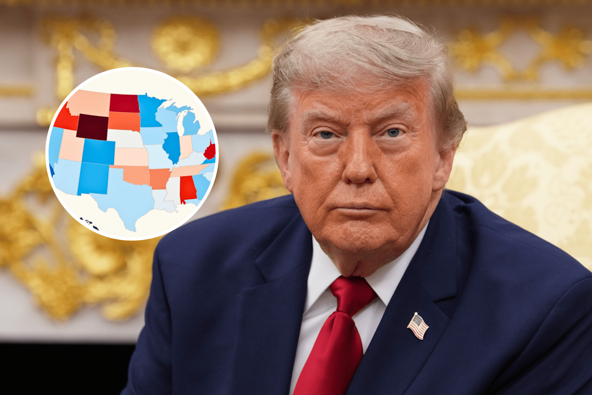 Main image: Donald Trump in the Oval Office of the White House on July 14, 2026, in Washington, DC. Inset: Map shows approval rating by state on July 17, 2026.