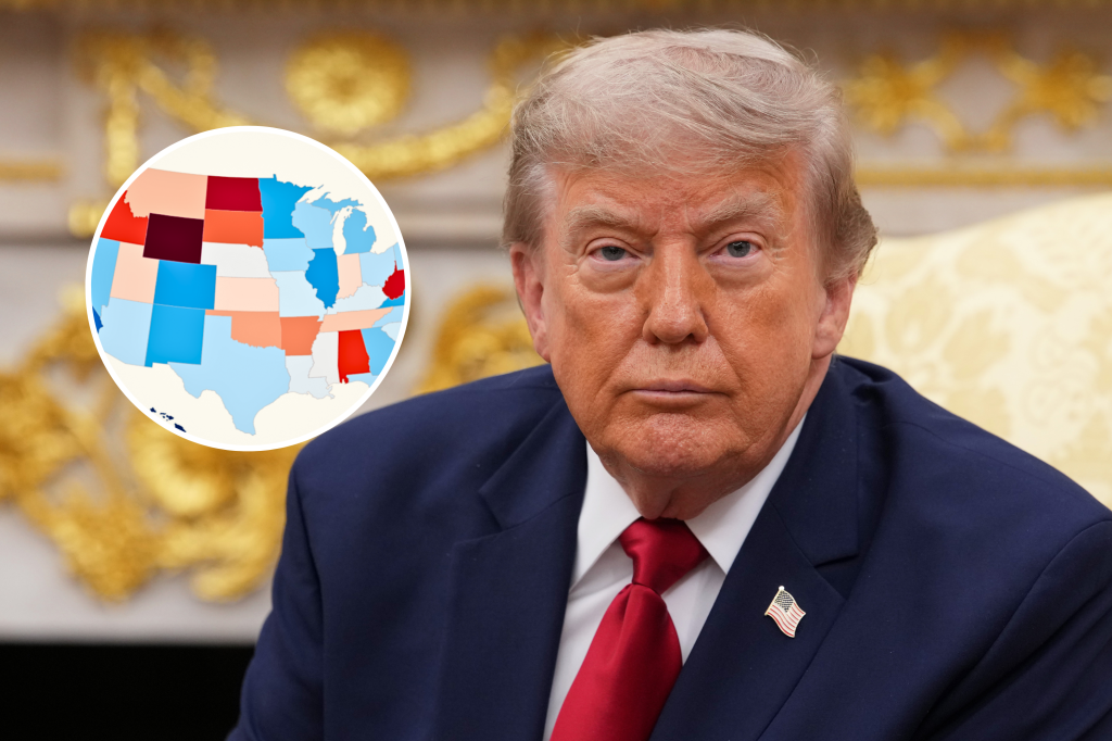 Main image: Donald Trump in the Oval Office of the White House on July 14, 2026, in Washington, DC. Inset: Map shows approval rating by state on July 17, 2026.