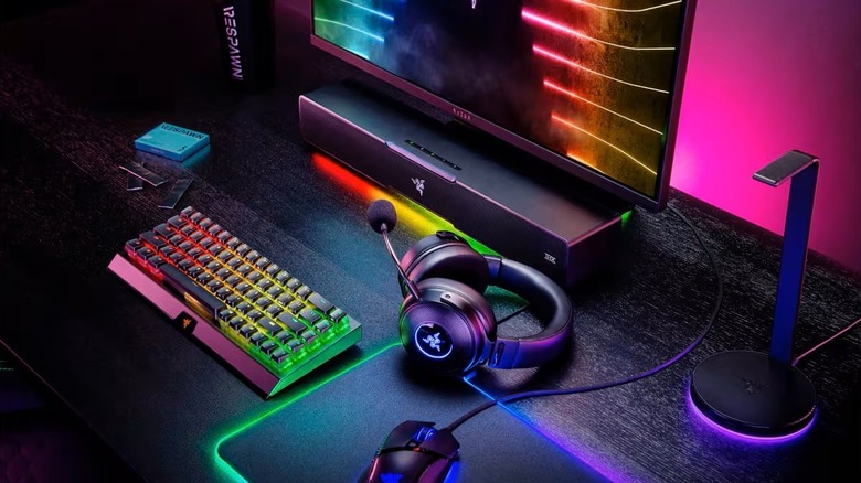 Razer Leviathian V2 soundbar for desktop PC in use with Chroma lighting.
