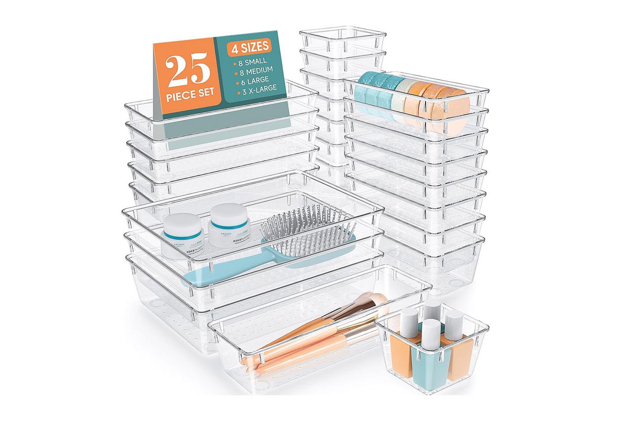 25 PCS Clear Plastic Drawer Organizer Set, 4 Sizes Desk Drawer Divider