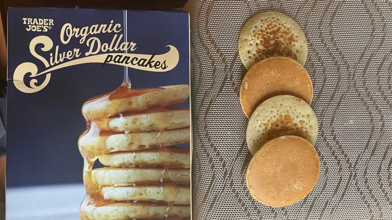 Trader Joe's Organic Silver Dollar Pancakes in package and on towel
