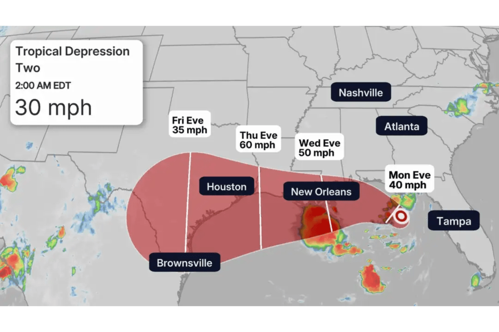 Tropical depression two tracker map shows southern states in impact zone
