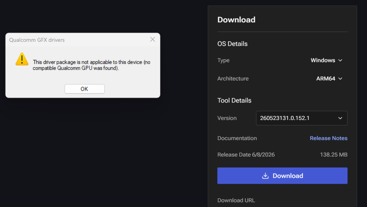 When I tried to download the updated Adreno graphics driver from Qualcomm, the laptop reported this error.