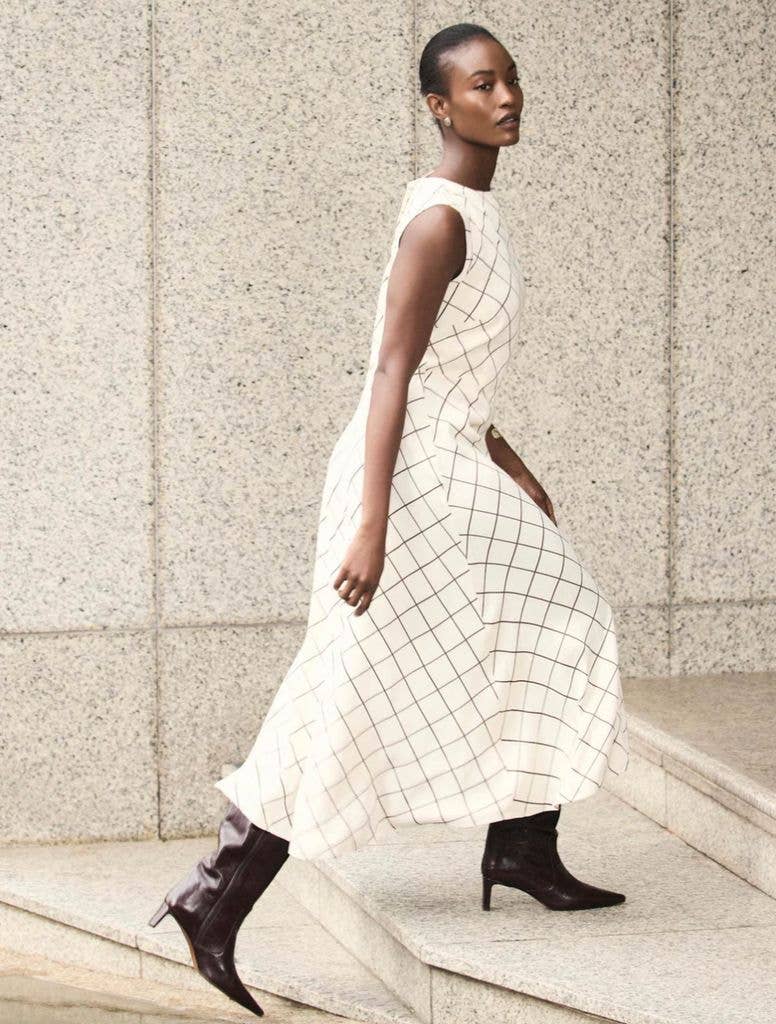 Mint Velvet Cream Satin Checked Midi Dress