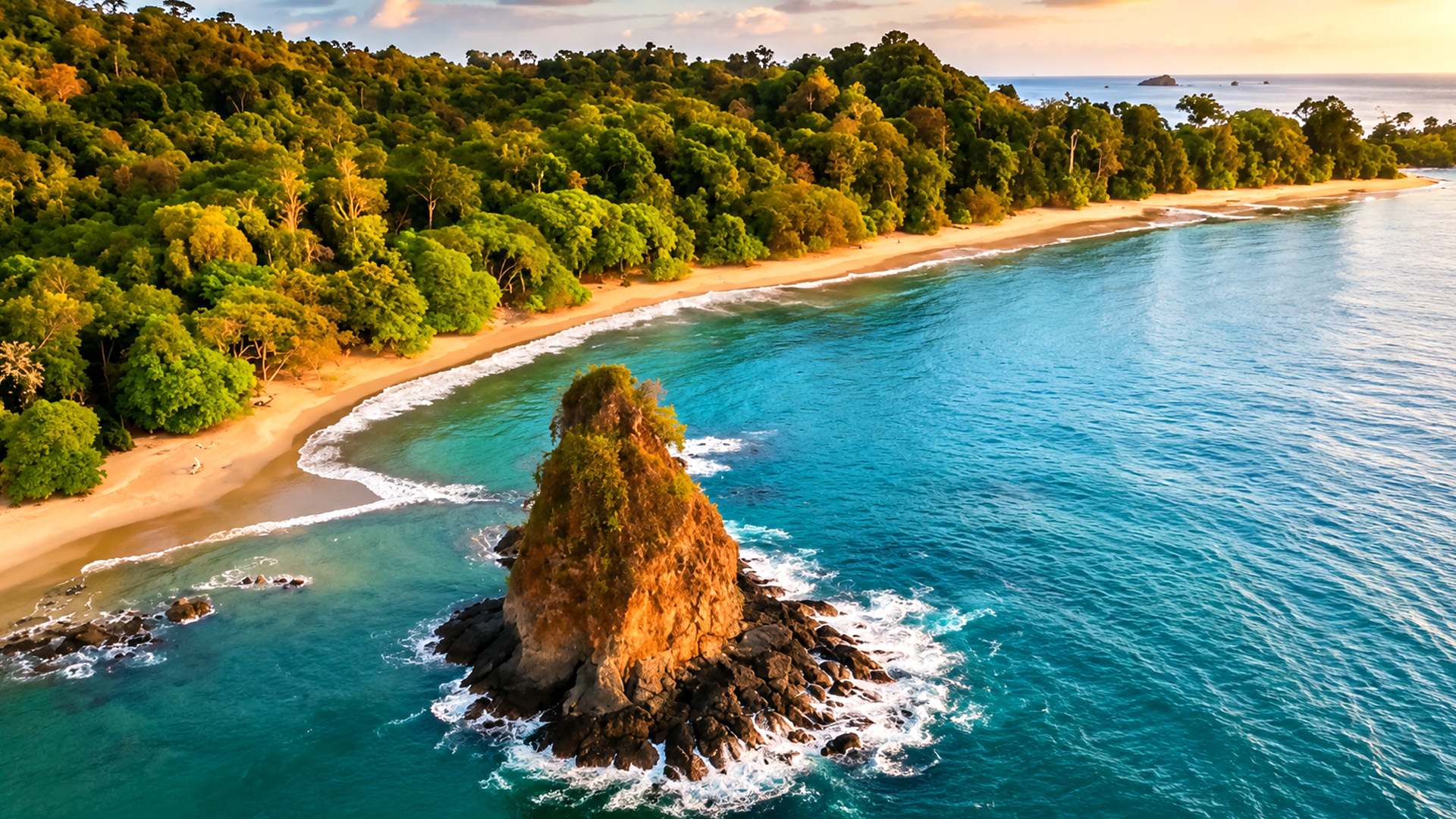 Uma praia de floresta tropical com costa rochosa e vista para o mar