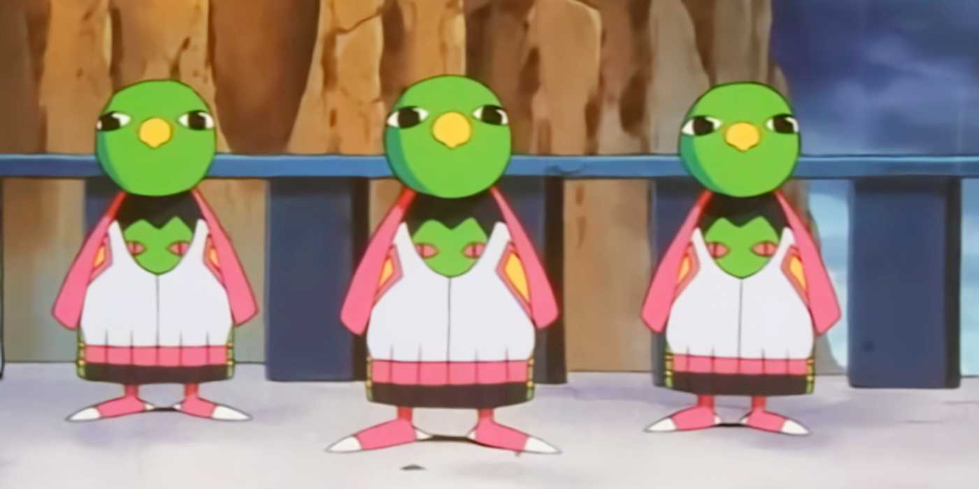 Three Xatu standing next to each other in the Pokémon anime.