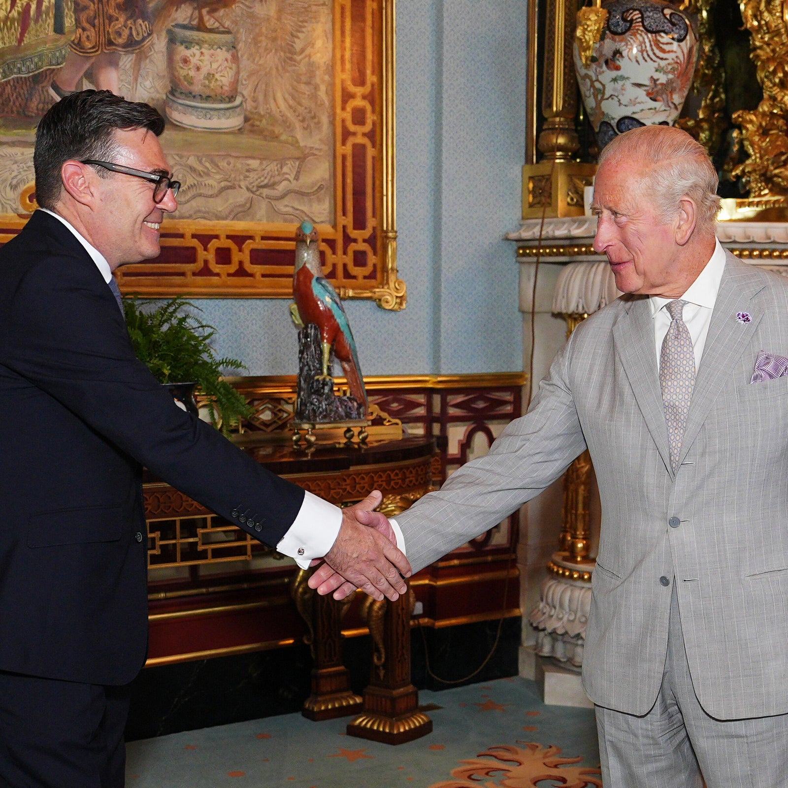 King Charles III welcomes Andy Burnham, during an audience at Buckingham Palace, London, where he invited the leader of the Labour Party to become Prime Minister and form a new government, July 20, 2026 in London, England.