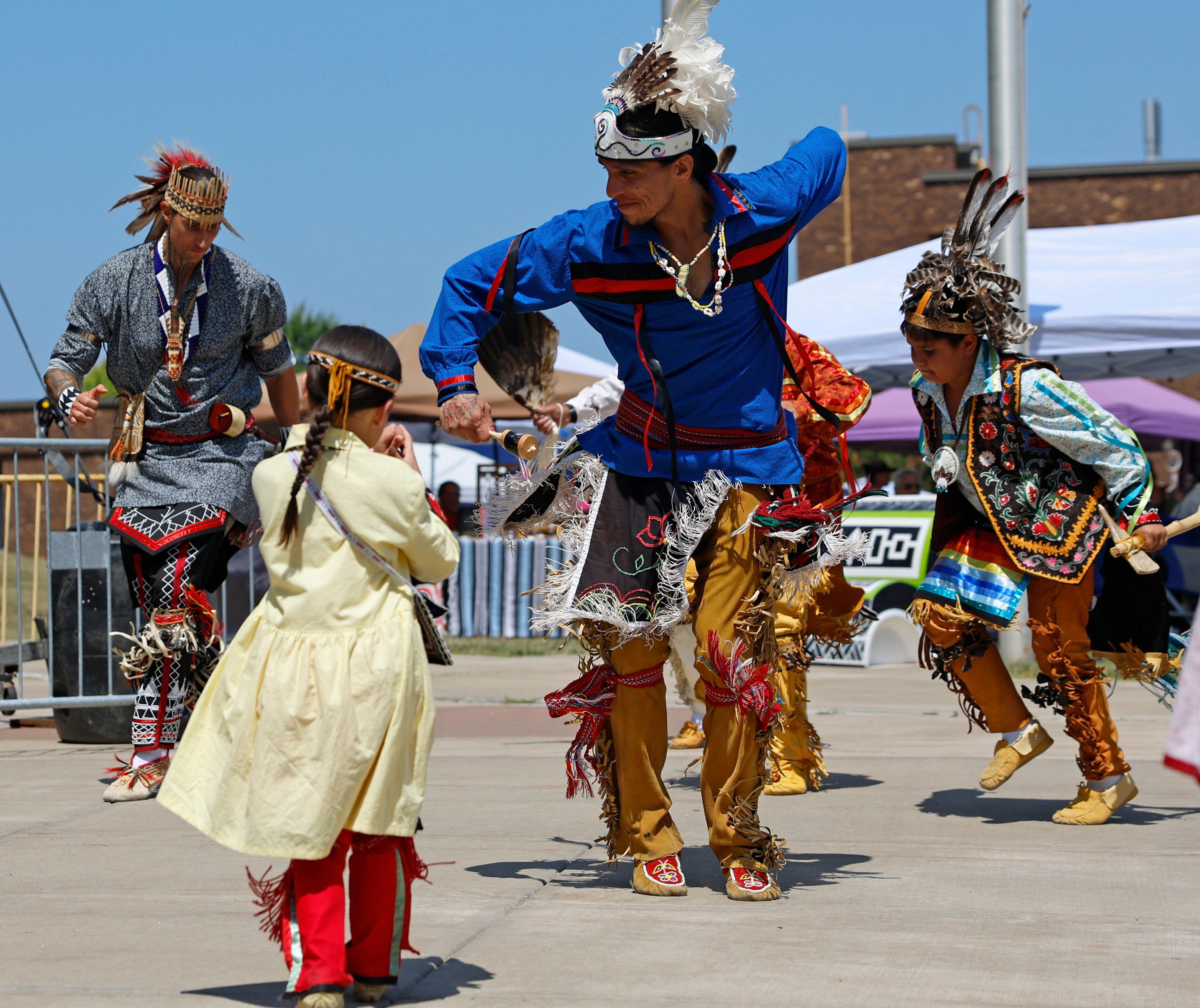 The Haudenosaunee Singers and dancers perform at the Haudenosaunee Arts Festival at Onondaga Community College Saturday, August 9, 2025, in Onondaga, N.Y. Scott Schild | sschild@syracuse.com
