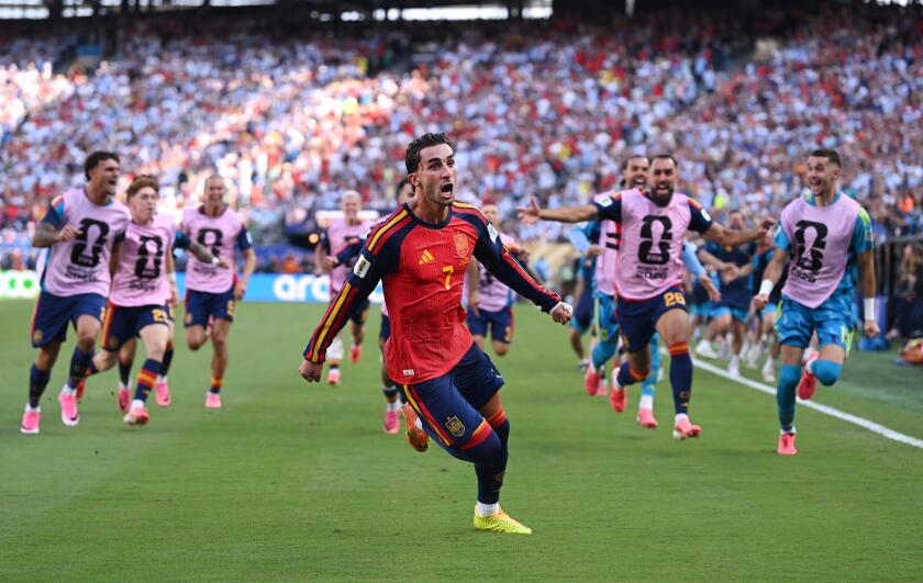 Spain's Ferran Torres celebrates scoring his team's sole goal the FIFA World Cup final against Argentina on Sunday.