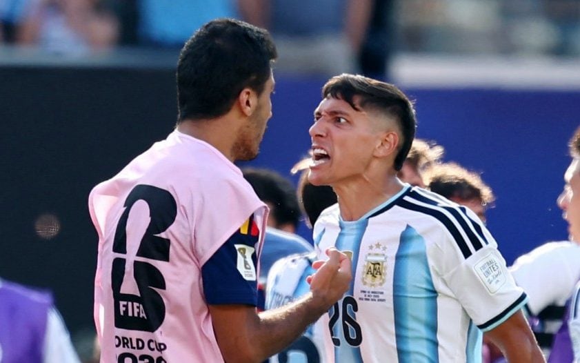Nahuel Molina (right) gets into the face of Rodri after Argentina's World Cup final defeat