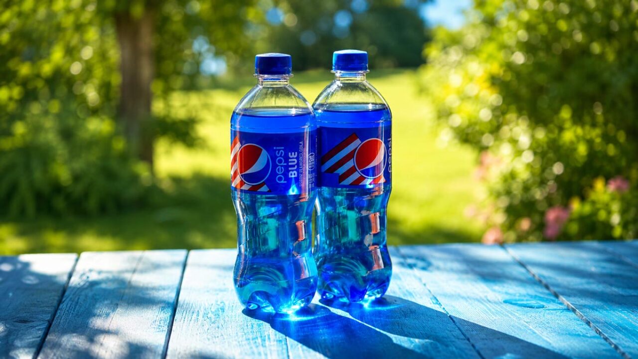 Two Pepsi Blue bottles on the table. This limited edition soft drink has a bright blue color and unique flavor. Pepsi Blue was first introduced in August 2002.