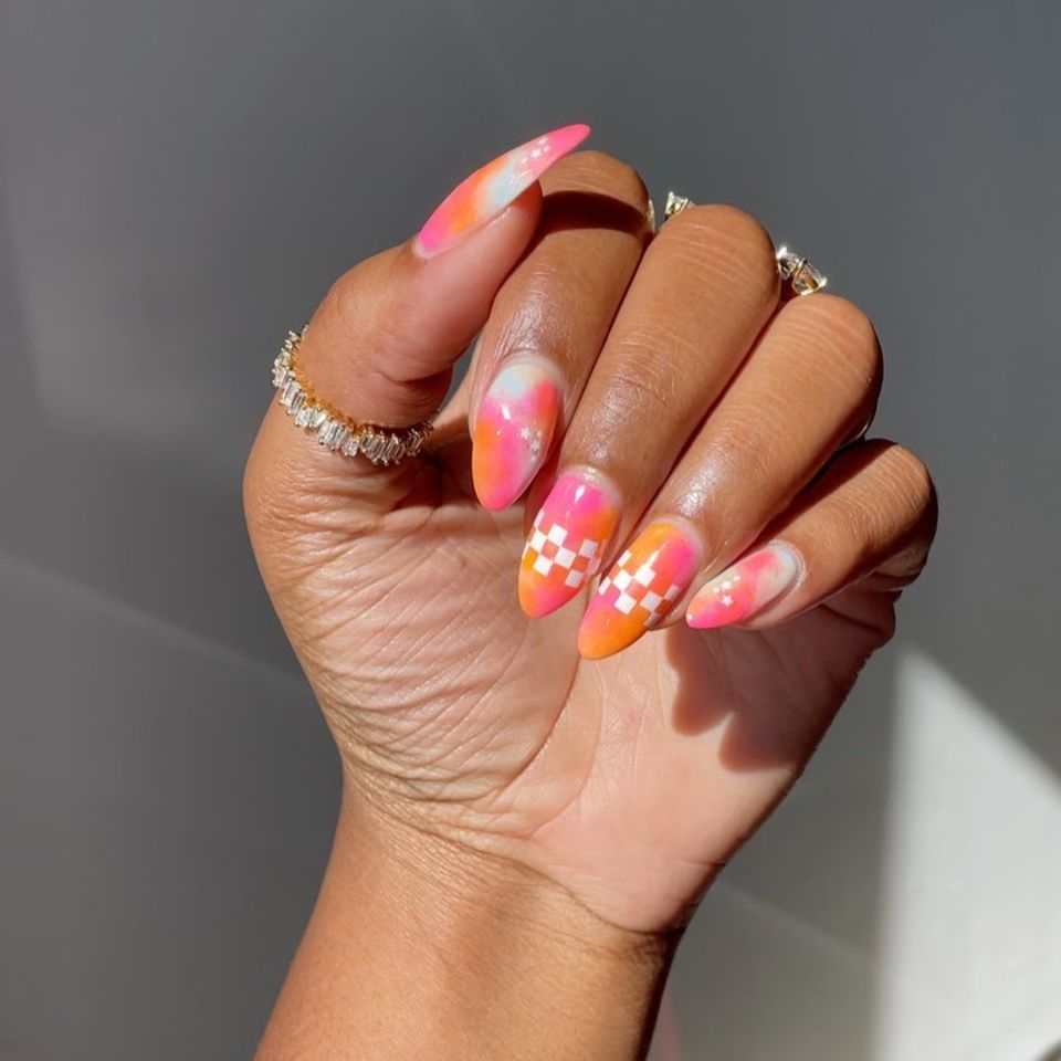 Pink and Orange Ombre Check Nails - InStyle August Nails