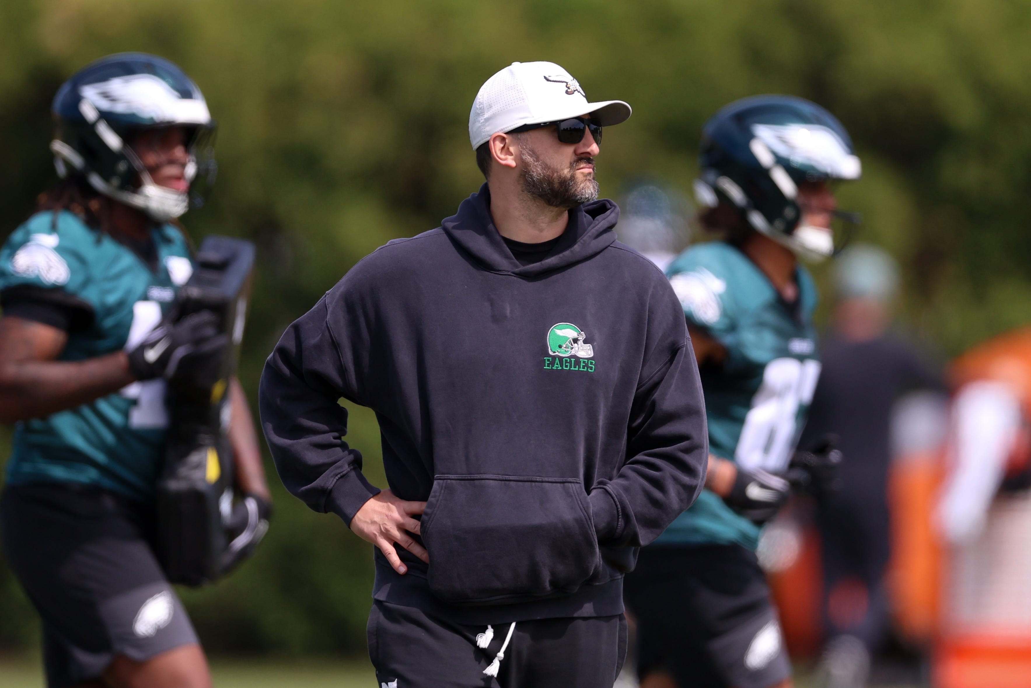 May 1, 2026; Philadelphia, PA, USA; Philadelphia Eagles head coach Nick Sirianni looks on during rookie minicamp at NovaCare Complex. Mandatory Credit: Bill Streicher-Imagn Images