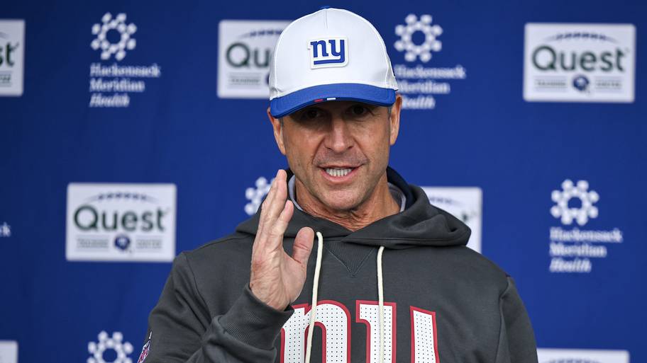 New York Giants head coach John Harbaugh speaks during a press conference at rookie minicamp