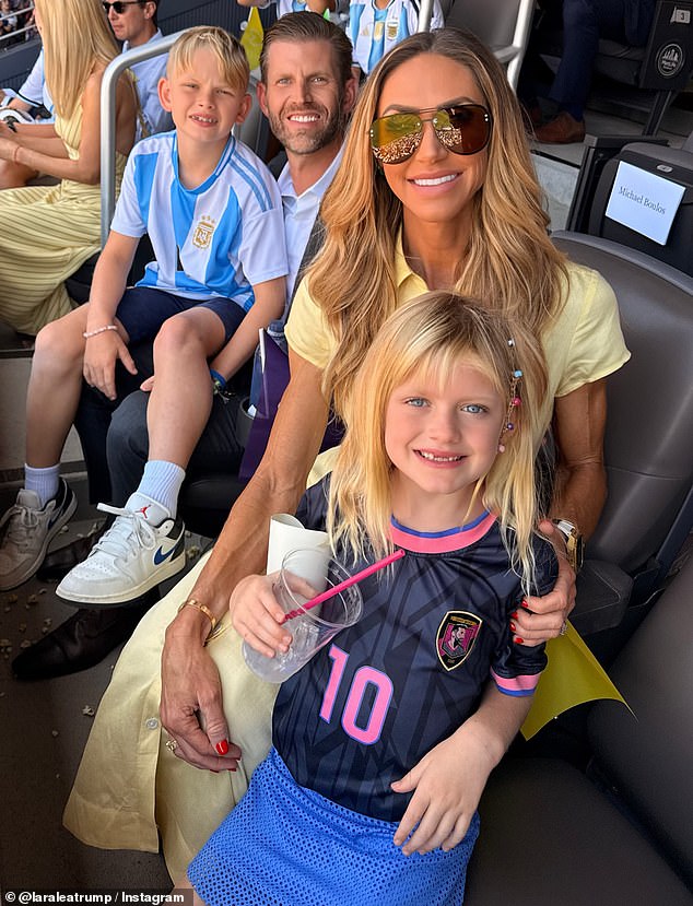 Lara posted several photos from the game on her Instagram page, first sharing an adorable snap of her and Eric posing with their two children in the stands