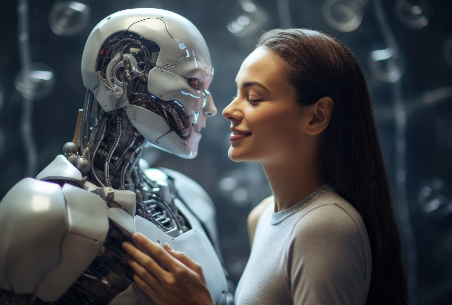 Woman smiling at AI robot
