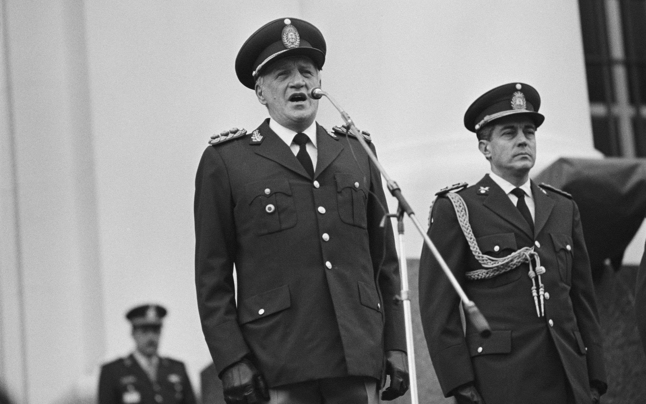 April 1982: General Leopoldo Galtieri makes a public address in Buenos Aires, Argentina, during his military junta