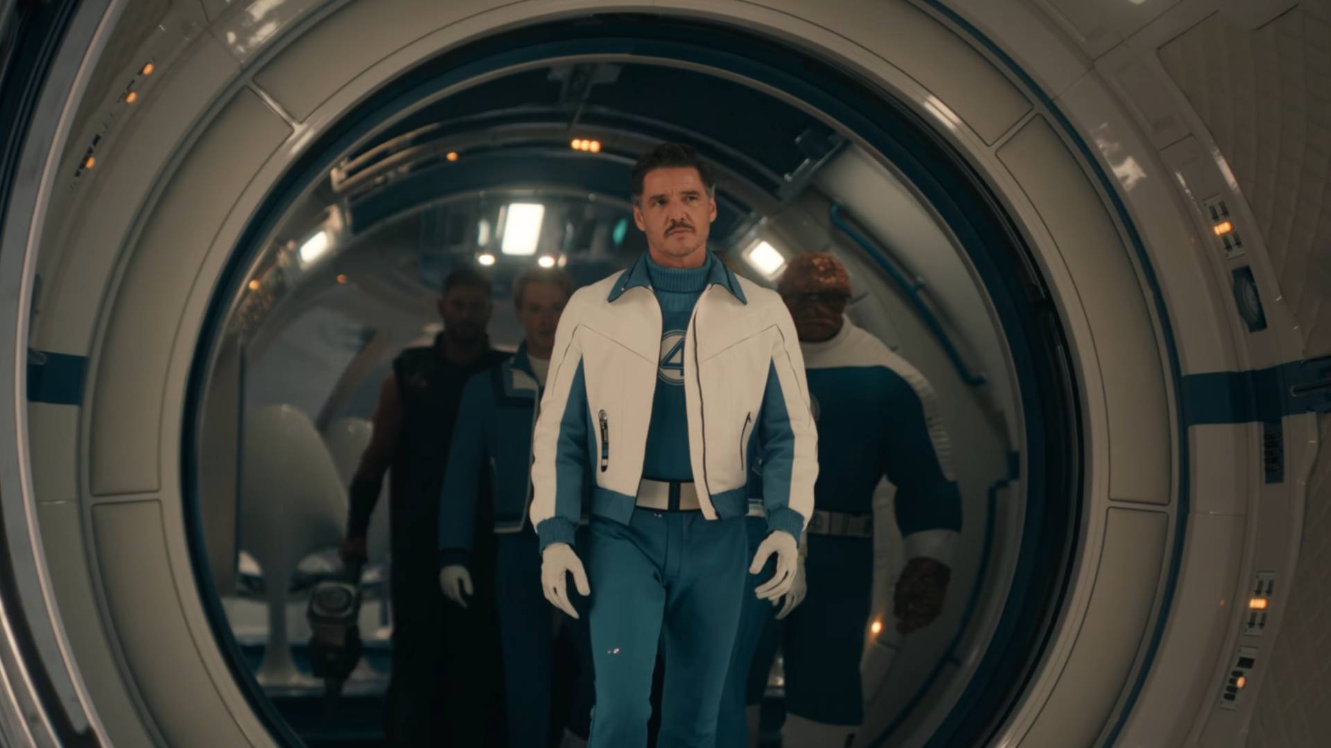 Pedro Pascal as Reed Richards with the Fantastic Four and Thor in Avengers: Doomsday