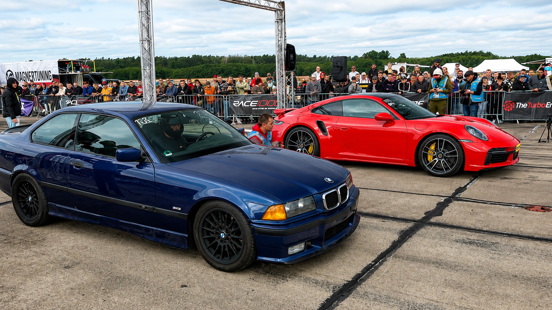 Tuned BMW E36 turbo takes on Porsche 992 in drag battle