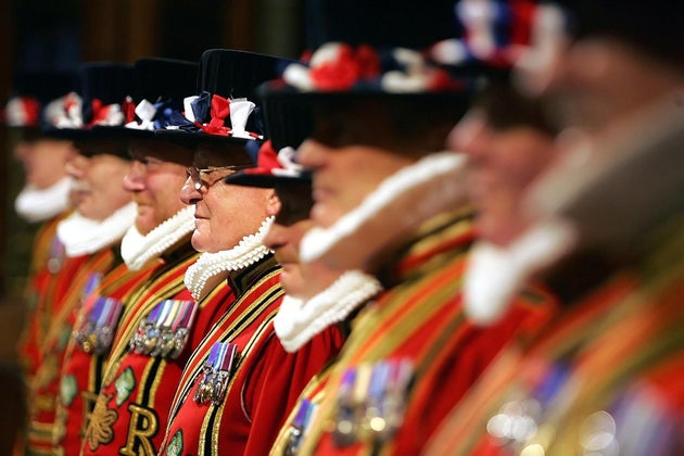 Yeoman Warders, or Beefeaters prepare for the 'Ceremonial Search' in the Prince's Chamber