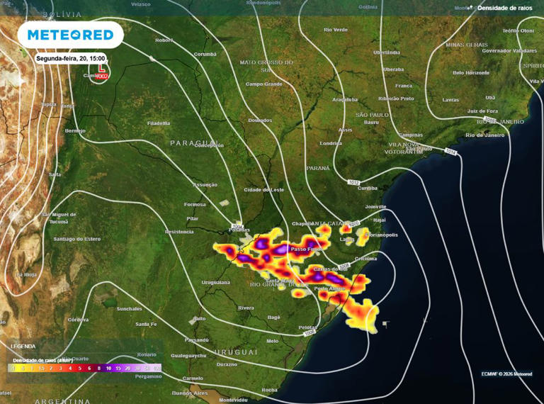 Mapa mostra áreas propícias a temporais na tarde desta segunda-feira (20).