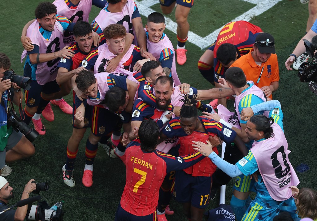 Ferran Torres of Spain celebrates with teammates after scoring the team's first goal during the FIFA World Cup 2026 Final match between Spain and Argentina at New York New Jersey Stadium on July 19, 2026 in East Rutherford, New Jersey. (Photo by Dustin Satloff/Getty Images for Rexona)