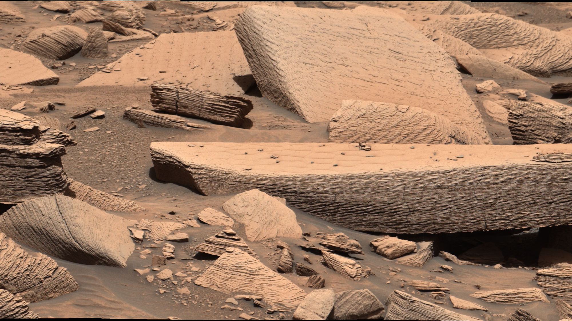 Sandy-colored large and small rocks on the Mars surface.