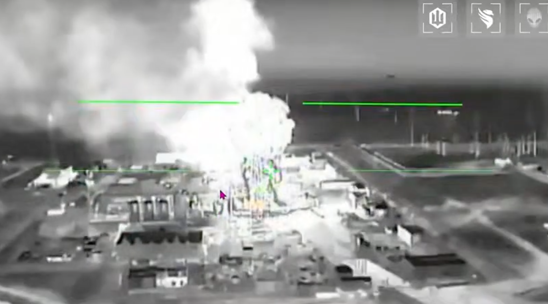 A screenshot from a video depicting Ukrainian drone strikes on power substations in Russian-occupied Crimea during an operation on July 1-2, 2026. (Robert