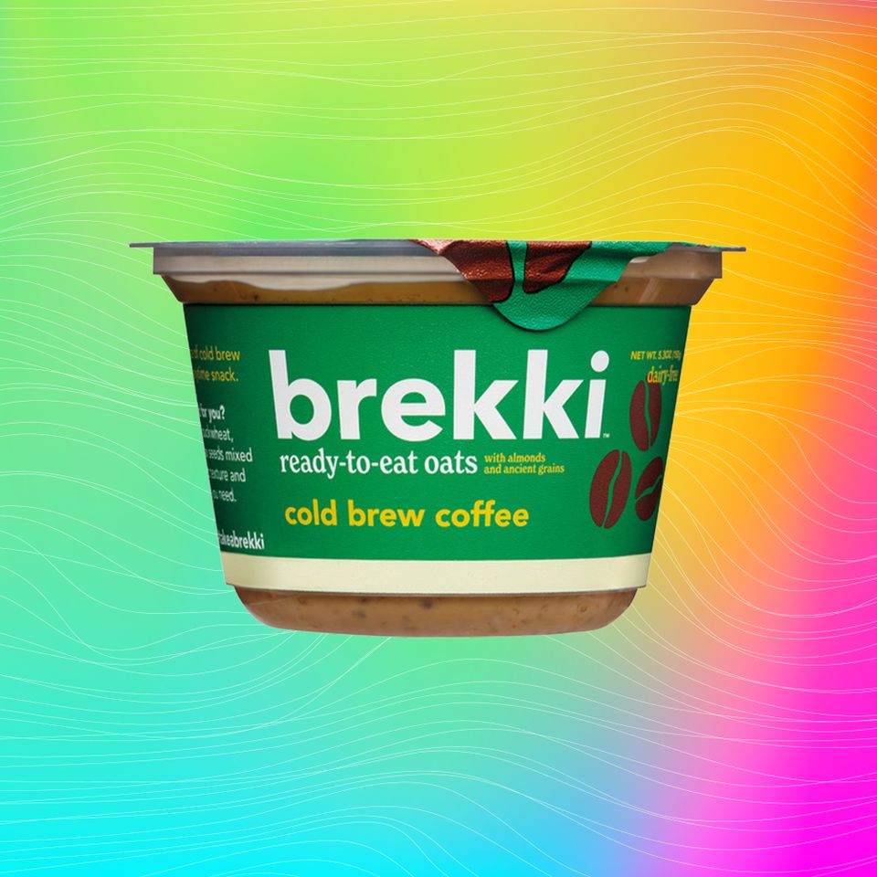 Brekkie readytoeat oats in cold brew coffee flavor on a colorful background