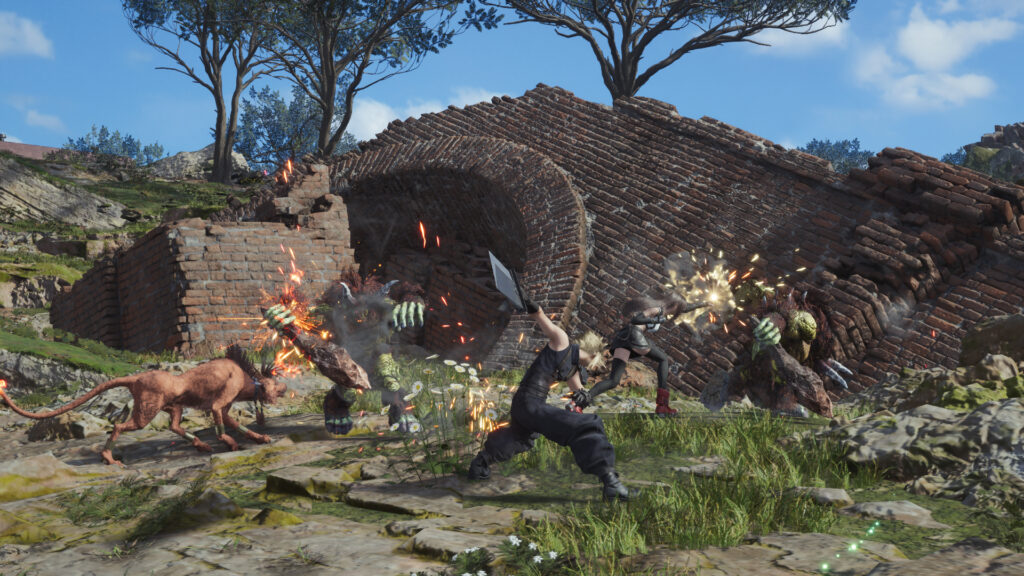 A promotional screenshot for Final Fantasy 7 Rebirth showing Cloud and other party members in combat