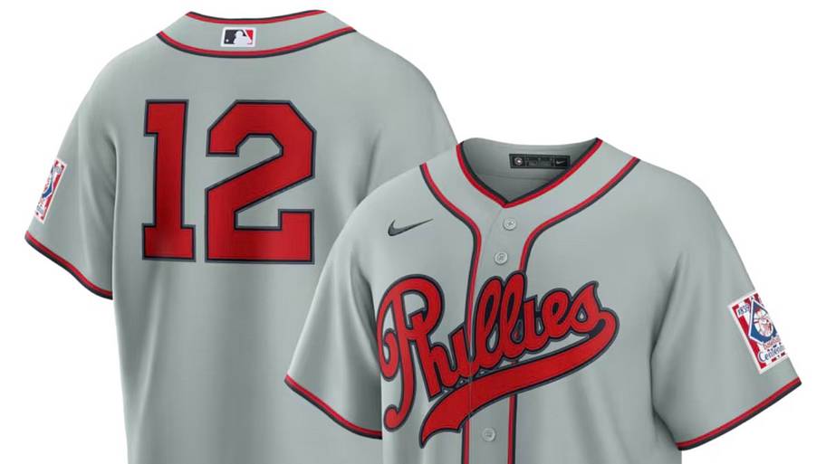 Front and back of the Philadelphia Phillies Nike 2026 Field of Dreams Stadium Jersey.