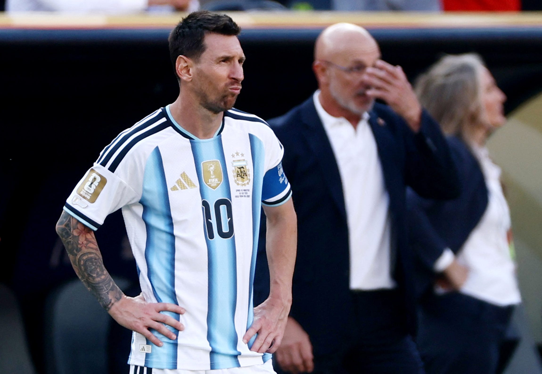 July 19, 2026; East Rutherford, New Jersey, U.S.; Argentina's Lionel Messi reacts. Mandatory Credit: Lee Smith-Reuters via Imagn Images