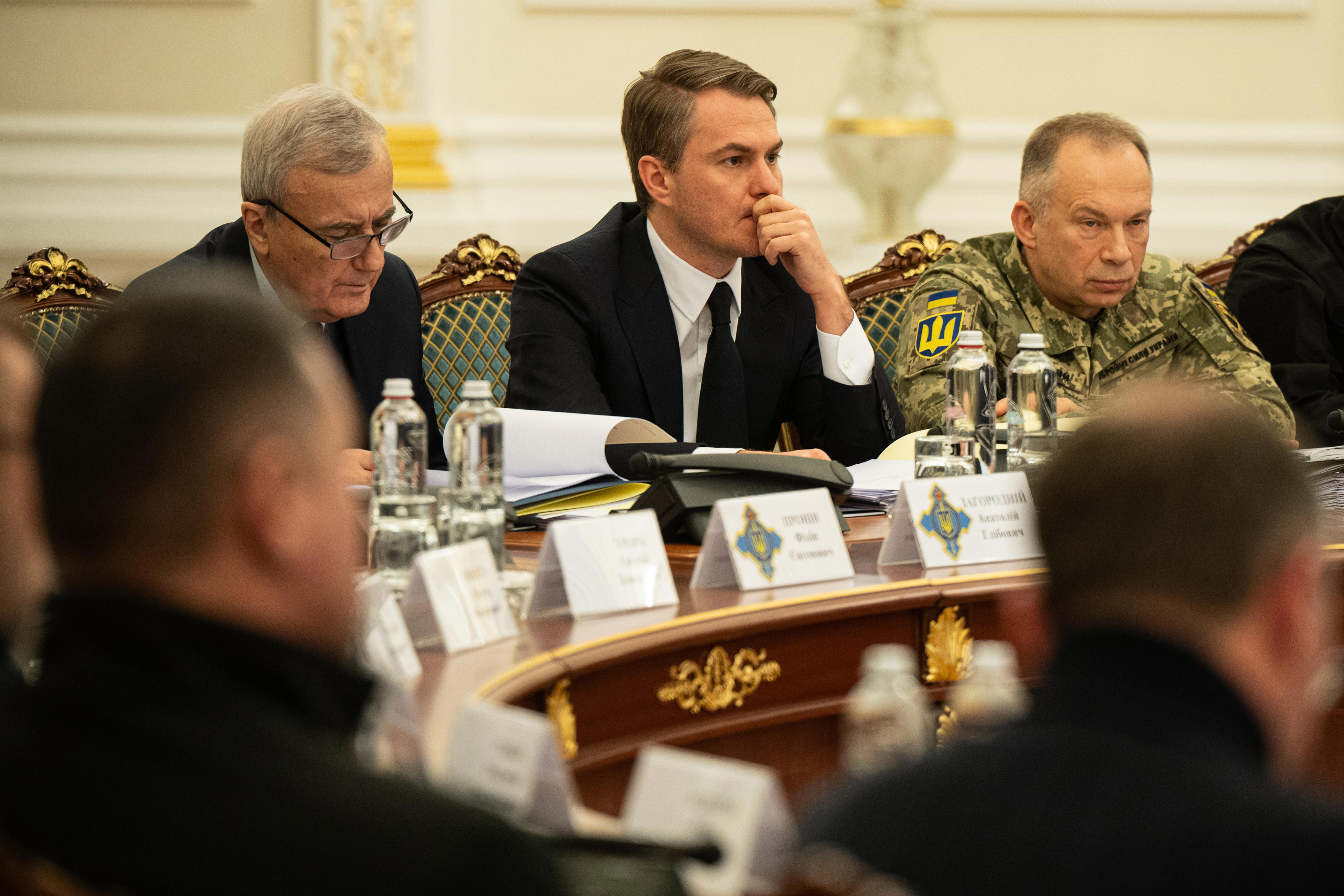 President of the National Academy of Sciences of Ukraine Anatolii Zahorodnii, Prosecutor General of Ukraine Ruslan Kravchenko, and Commander-in-Chief of the Armed Forces of Ukraine Oleksandr Syrskyi (L to R) attend a National Security and Defense Council meeting, where resilience plans for all regions and regional cities were endorsed, while Kyiv received additional time to prepare the documents, Kyiv, Ukraine, on March 3, 2026.