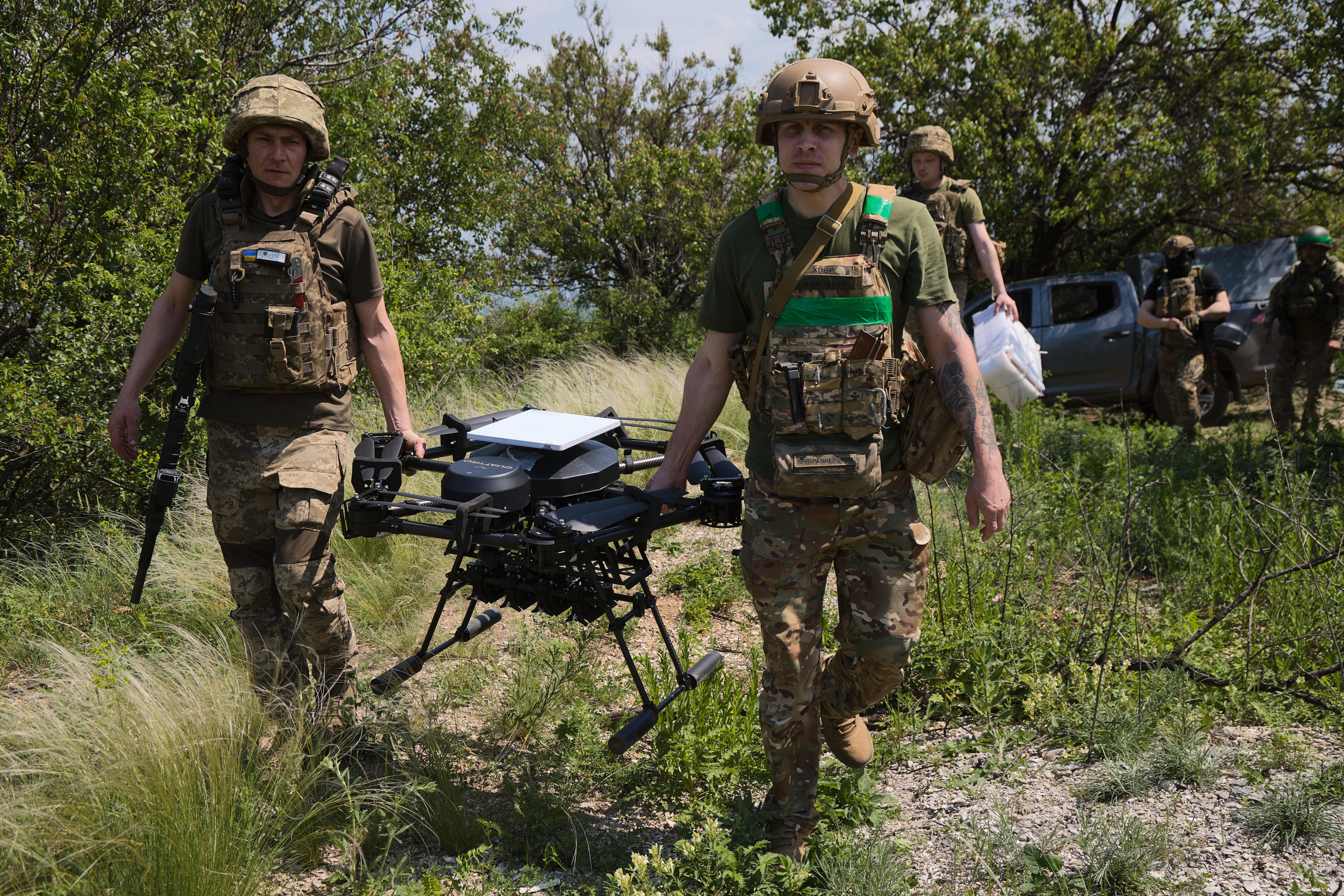 Servicemen of the 109th Brigade of the Armed Forces of Ukraine operate Ukrainian-made Vampire heavy bomber drones along the fortress belt in the Donetsk region on May 23, 2026, in Donetsk, Ukraine.