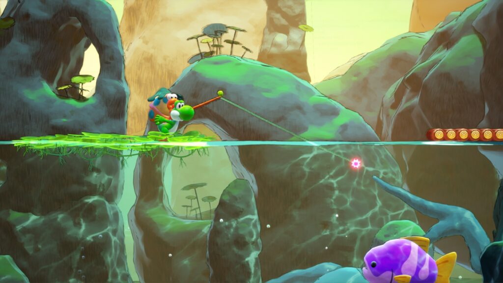 A promotional image of Yoshi and the Mysterious Book showing Yoshi fishing for a large fish with a creature on his back