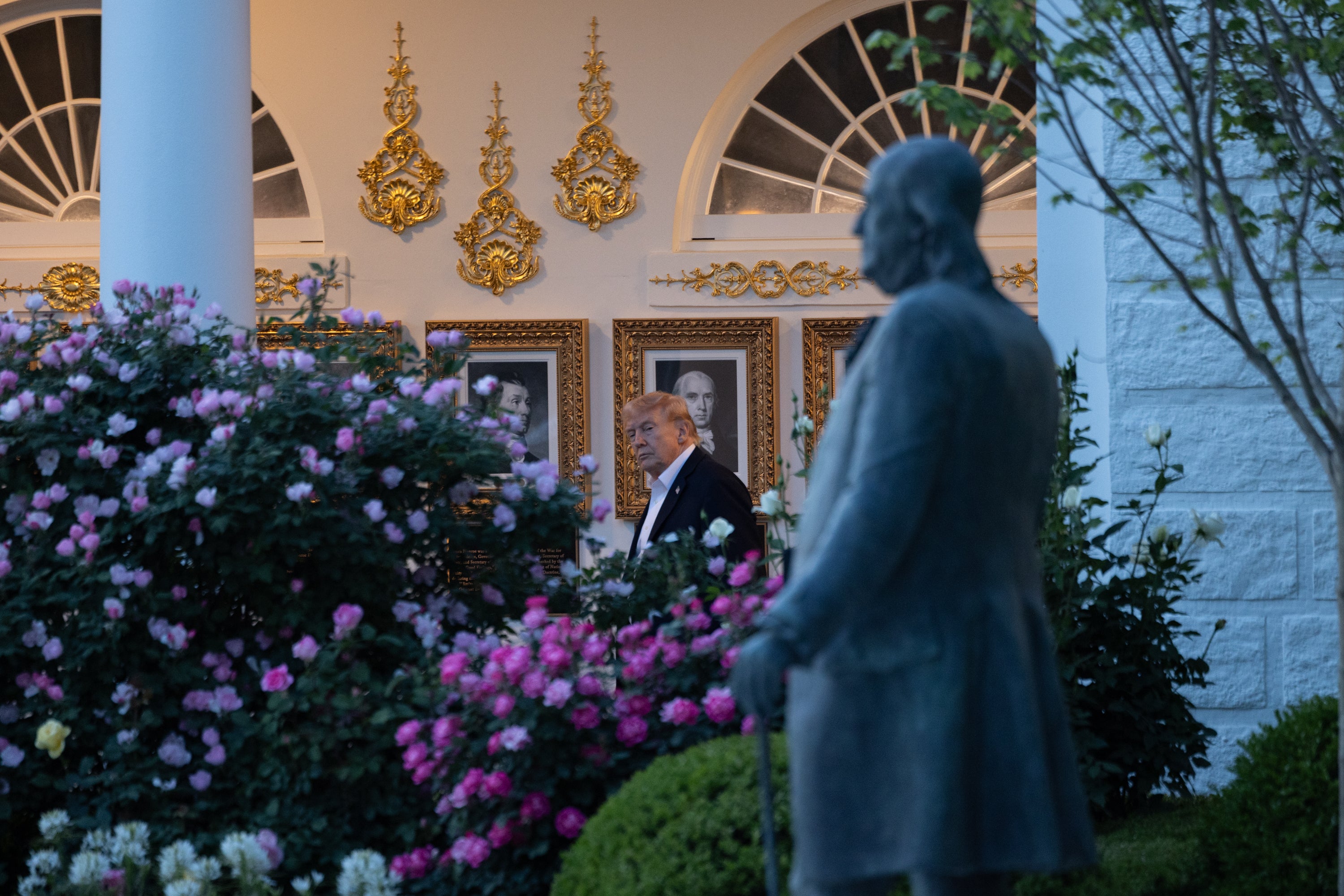 The Jefferson statue marks the fifth installation in the Rose Garden, which Trump paved over last summer. The other sculptures depict George Washington, Benjamin Franklin, Alexander Hamilton and a contingent of Revolutionary War soldiers (Getty Images)