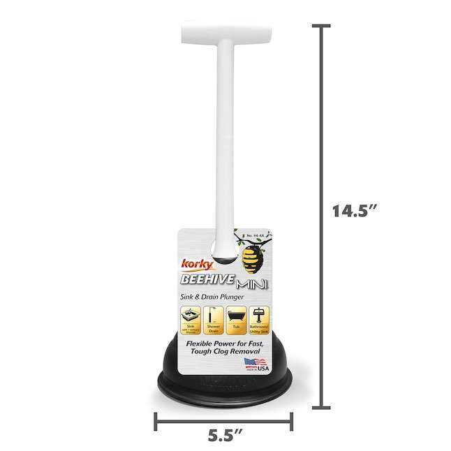 This is the Korky beehive mini sink & drain plunger showing the measurements.
