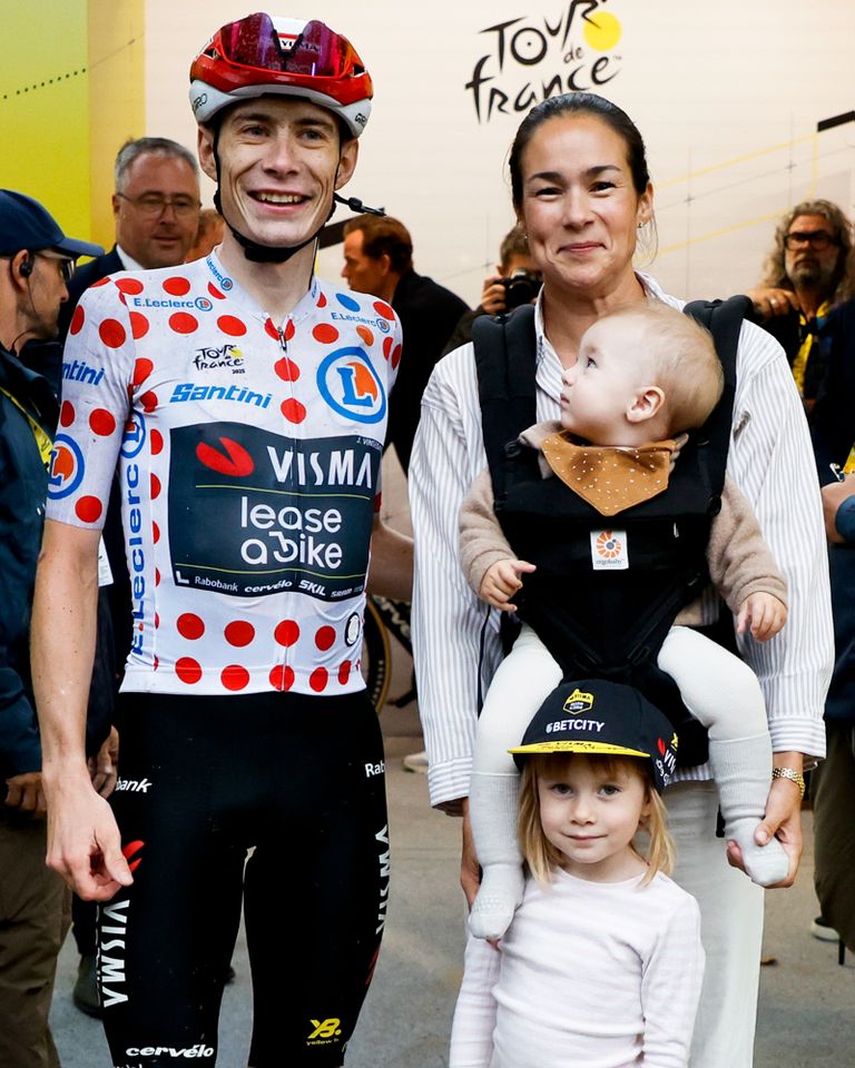Jonas Vingegaard of Denmark and Team Visma | Lease a Bike with his wife Trine Vingegaard Hansen, their daughter Frida Vingegaard