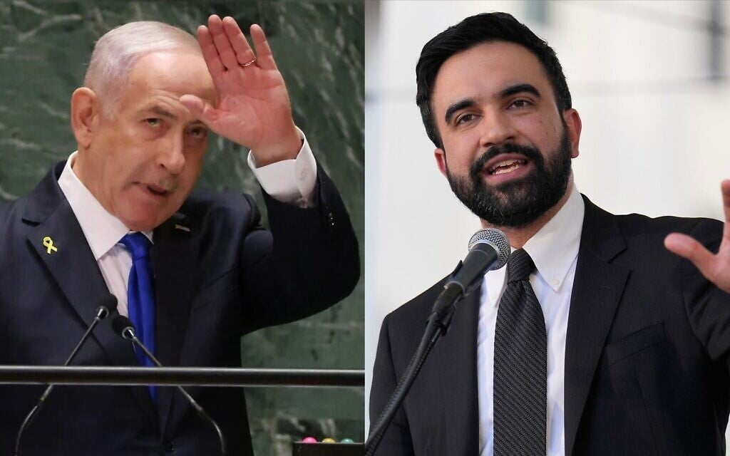(Left) Prime Minister Benjamin Netanyahu acknowledges audience applause after his address to the 79th session of the United Nations General Assembly, Sept. 27, 2024. (AP Photo/Richard Drew); (right) Mayor Zohran Mamdani speaks during a union rally on Park Avenue, in New York, April 15, 2026. (AP Photo/Seth Wenig)