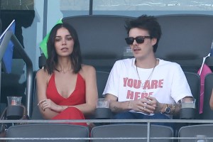 British singer and musician Cruz Beckham (R) and partner Jackie Apostel attend the 2026 World Cup football tournament final match between Spain and Argentina at the New York/New Jersey Stadium in East Rutherford on July 19, 2026. (Photo by CHARLY TRIBALLEAU / AFP)