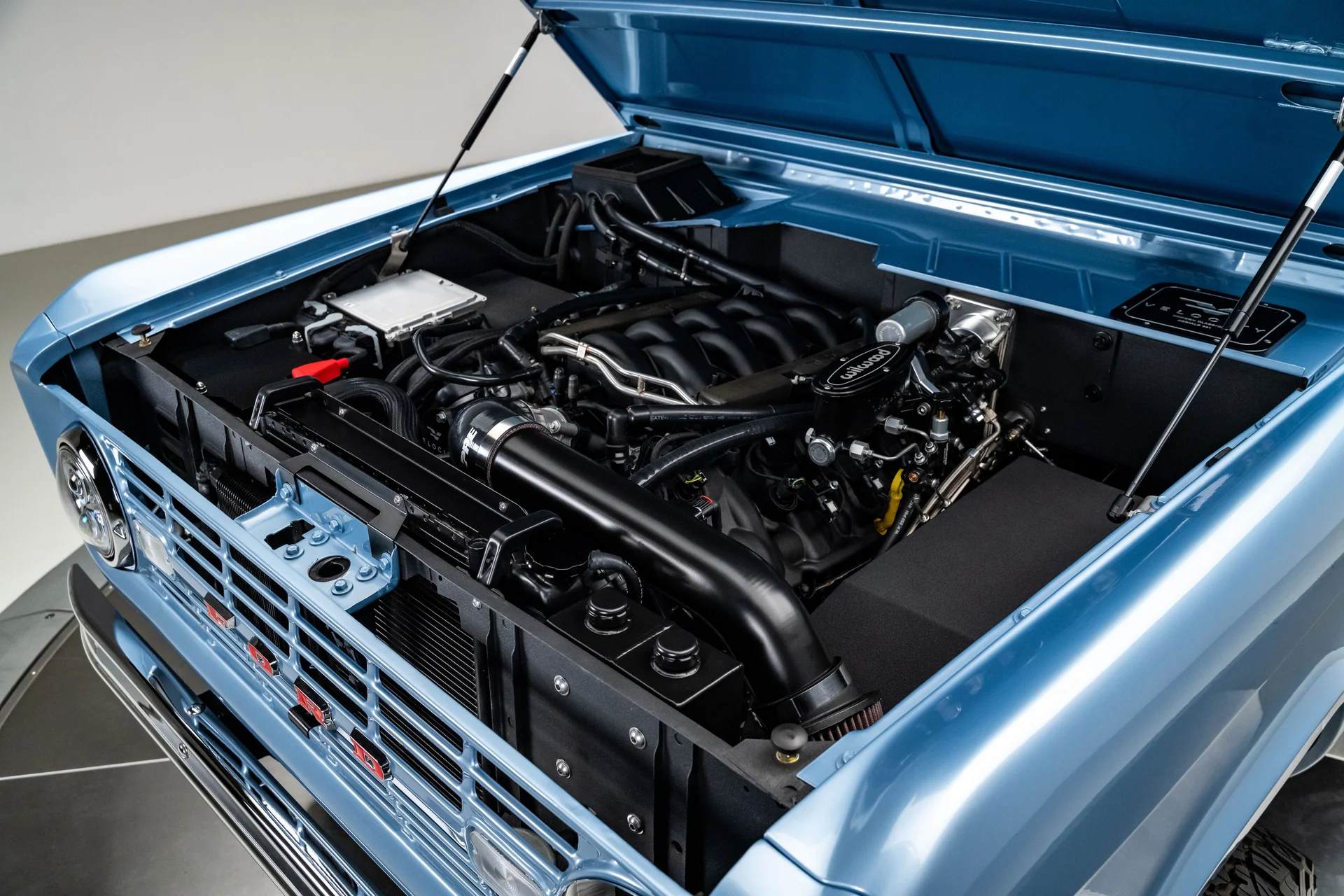 1974 Ford Bronco Velocity Coyote V8 engine bay