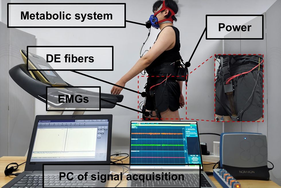 Someone wearing a soft exosuit on a treadmill, while two nearby laptops assess their performance in real-time.