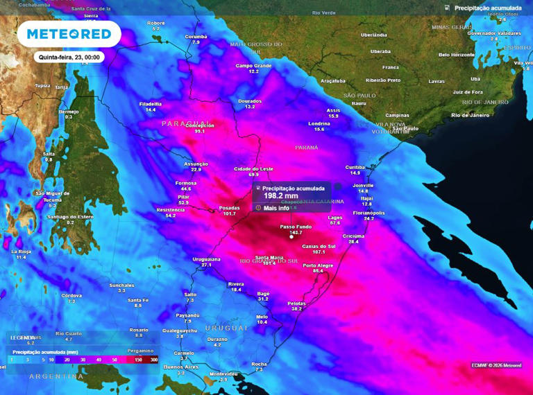 Mapa de precipitação acumulada mostra cenário de muitas chuvas para o RS e outras áreas do Centro-Sul do Brasil.