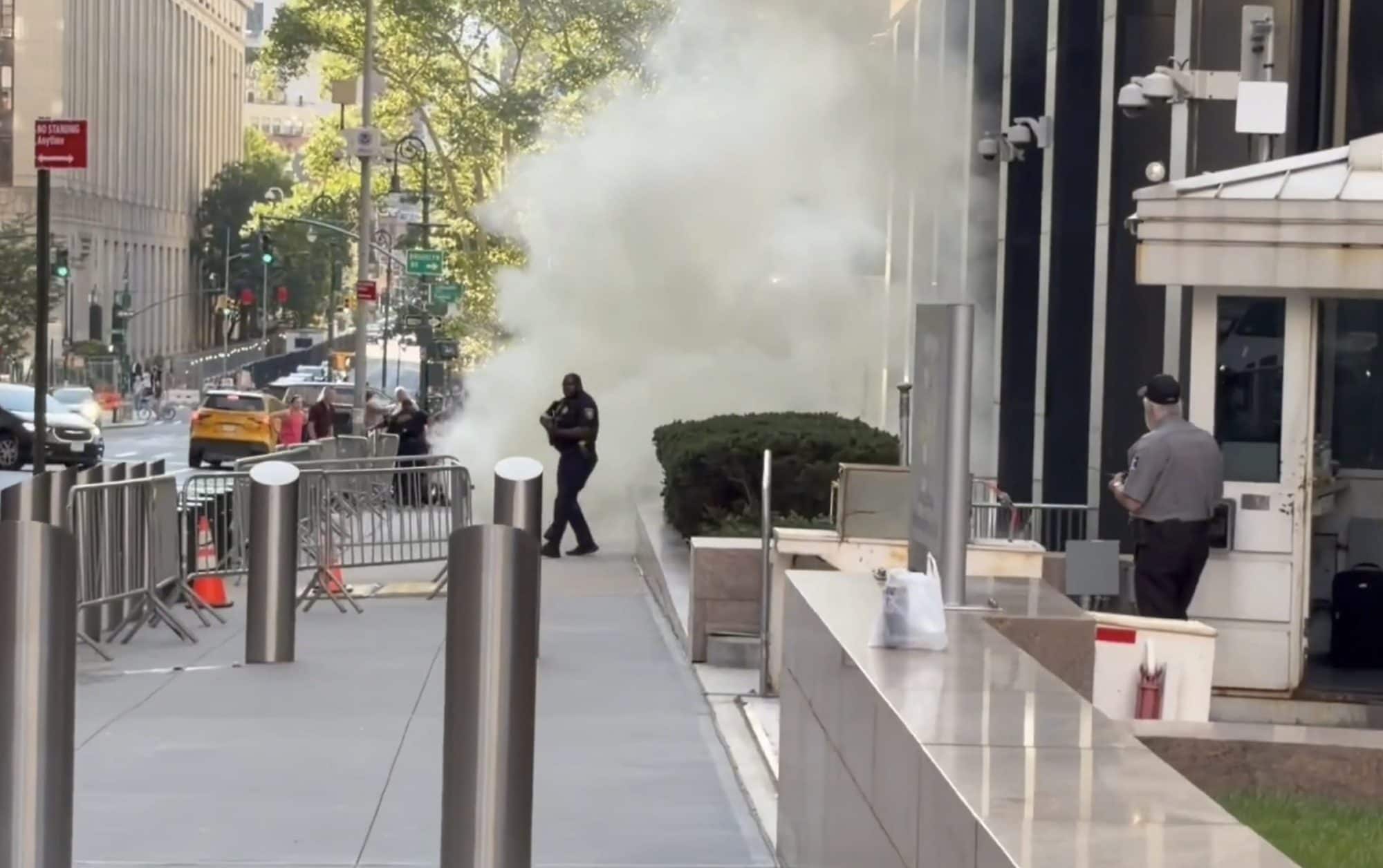 Smoke filled the street outside the federal building