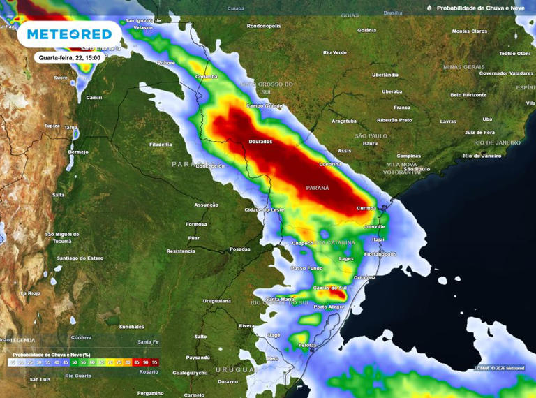 Mapa de probabilidade de chuva para esta quarta-feira (22). A previsão mostra como a frente fria avança pelos próximos dias.