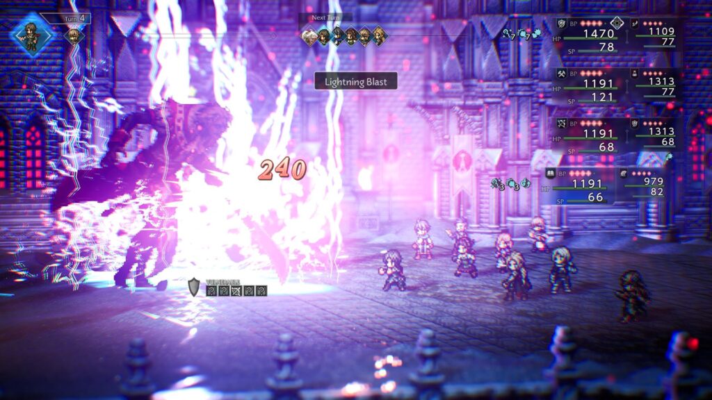 A promotional screenshot for Octopath Traveler 0 showing eight party members in a fight against a boss